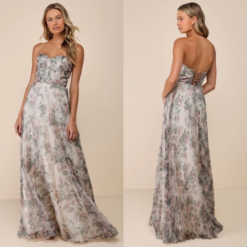 Lulu's Strapless Floral Maxi Dress in Blush, Sage & Ivory